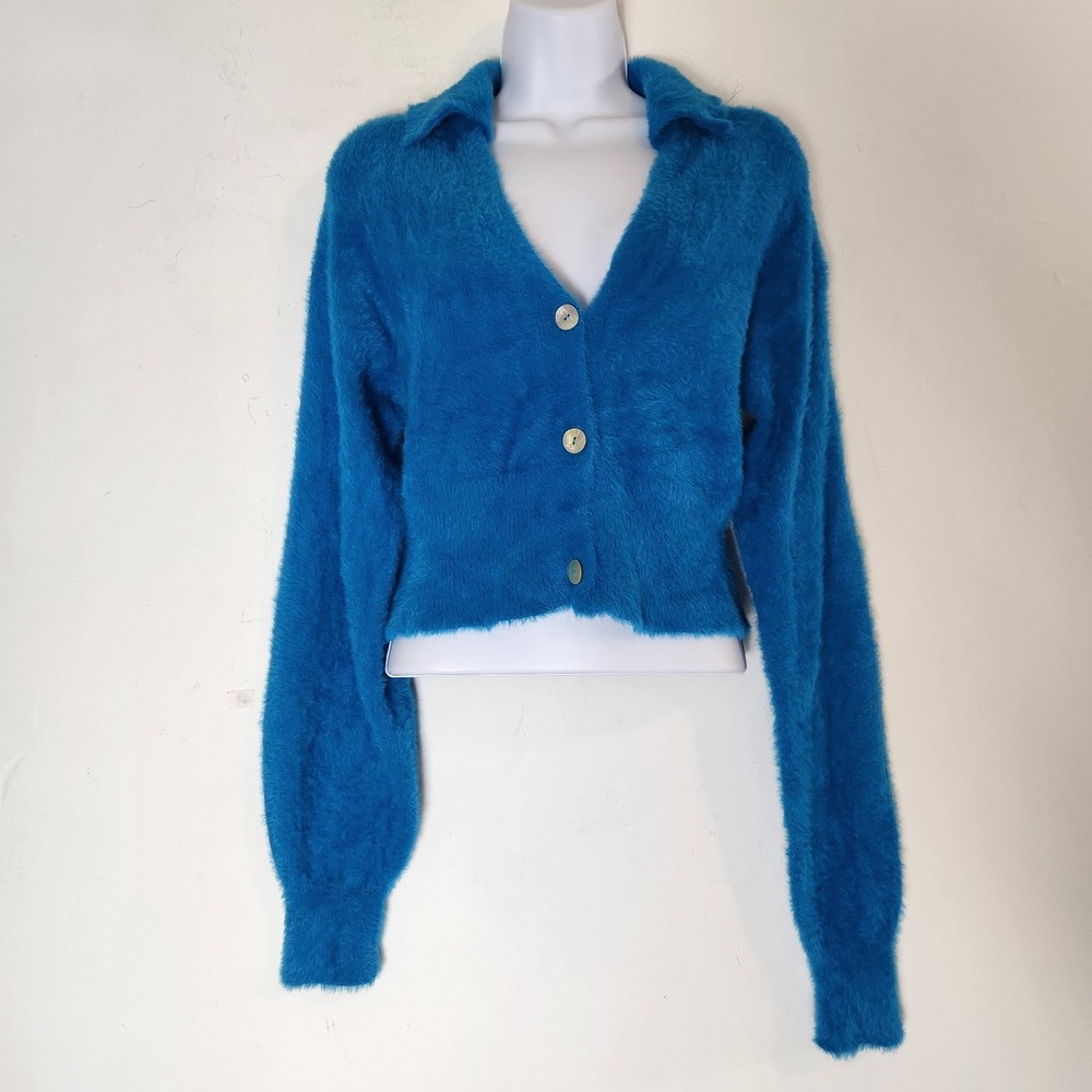 Blue Fuzzy Cropped Cardigan Sweater S 70s Retro Groovy Y2K Balloon Sleeve Plush